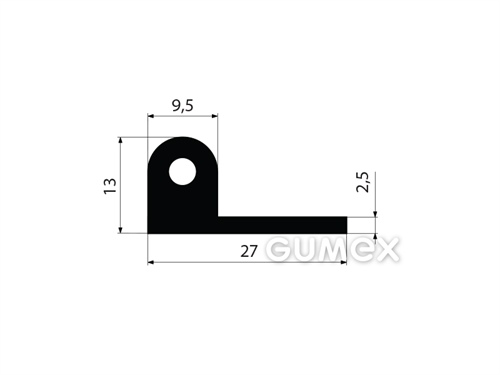 Pryžový profil tvaru "P" s dutinkou, 27x13/2,5mm, 70°ShA, EPDM, -40°C/+100°C, černý